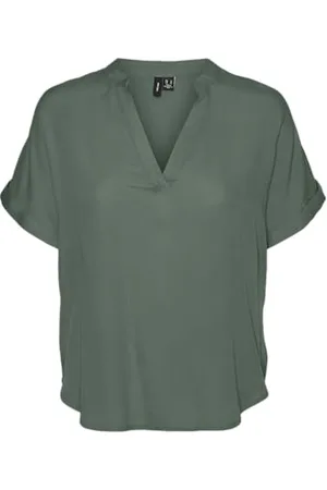 VERO MODA Women top casual splitneck turned-up cuffs blouse short sleeve, Colours: , Size:XL