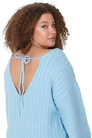Trendyol Damska bluza z dekoltem w serek, jednokolorowa, luźna bluza w rozmiarze plus size, , XXL