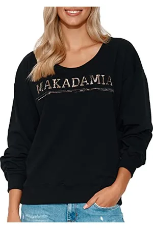 Makadamia Bluza Damska | Rozmiar: 36/38 | Kolor: | Ozdobny Cekinowy Napis | Długi Rękaw | Modny Wzór | Okrągły Dekolt | Uniwersalny i Wygodny Krój | Skład: 95% bawełna, 5% elastan