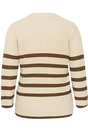 Kaffe Plus Size Damski dzianinowy sweter z długim rękawem dekolt w paski