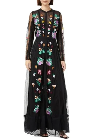 Frock and Frill Damska kwiecista haftowana sukienka na specjalne okazje, czarna, 12, , 38