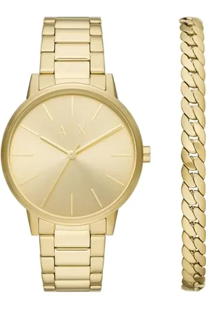 Armani Exchange Męski zegarek, mechanizm kwarcowy z trzema wskazówkami, koperta ze stali nierdzewnej w kolorze złotym 42 mm z paskiem ze stali nierdzewnej, AX7144SET