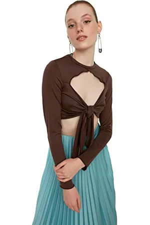 Trendyol Damska bluza Brown Super Crop Connecting Detailed Knitted Blouse, , XS