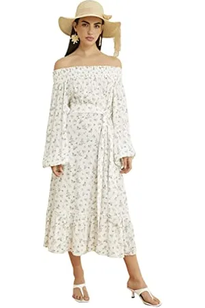 Koton Damska sukienka w kwiaty Midi Off The Shoulder Waistbanded, , 48