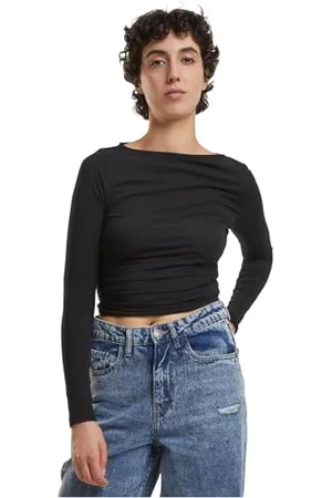 Urban classics Damska koszulka z długim rękawem Ruffled Super Slim Longsleeve, damska koszulka z długim rękawem z falbankami, krój slim fit, rozmiary XS-5XL, , S