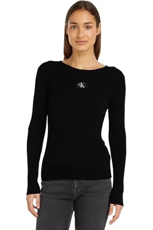 Calvin Klein Jeans Damski tkany sweter z etykietą ciasny sweter, czarny Ck, XS, , XS