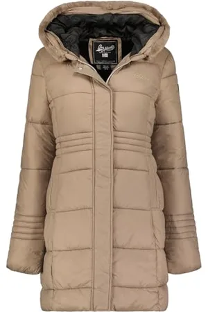 Geographical Norway Deneza Lady Parka Długa gruba ciepła damska jesienno-zimowa - cienki płaszcz ze sztucznego futra z kapturem - kurtka wiatrówka - elegancka kurtka damska (taupe S), , S