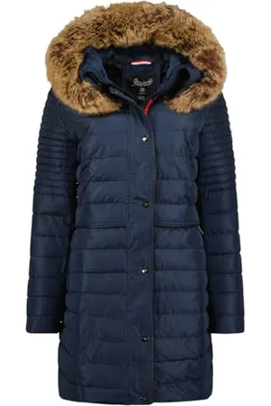 Geographical Norway Charlize Lady Długa gruba ciepła parka damska jesienno-zimowa - cienki płaszcz ze sztucznego futra z kapturem - kurtka wiatrówka - elegancka kurtka damska (granatowa XL)