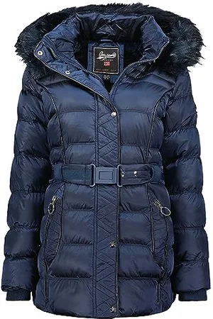 Geographical Norway Damski, parka, długi, gruby, ciepły, damski jesienno-zimowy płaszcz z kapturem ze sztucznym futrem - kurtka wiatrówka - elegancka kurtka damska (granatowa 2XL), , XXL