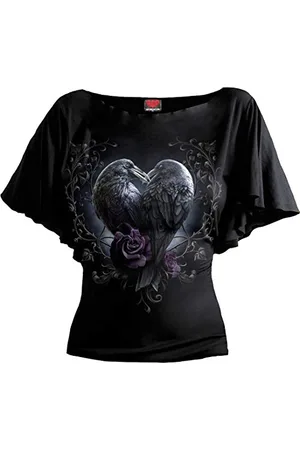 Spiral Direct Damski kruk serce łódź kołnierz nietoperz rękaw top czarny T-shirt