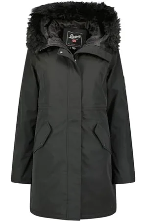 Geographical Norway Basiline Lady Parka Długa gruba ciepła damska jesienno-zimowa - cienki płaszcz ze sztucznego futra z kapturem - kurtka wiatrówka - elegancka kurtka puchowa damska ( S)