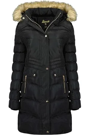 Geographical Norway Badonna Lady Parka Długa gruba ciepła damska jesienno-zimowa - cienki płaszcz ze sztucznego futra z kapturem - kurtka wiatrówka - elegancka kurtka damska (czarna 2XL), , XXL