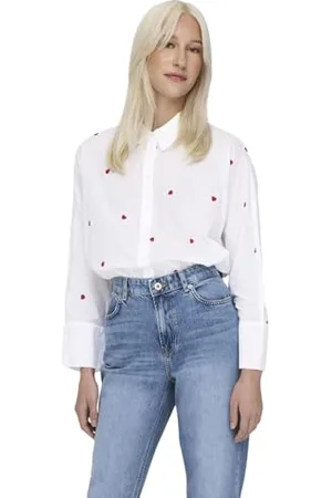 ONLY Onlnew Lina Grace Emb Shirt Wvn Bluza, Bright White/Aop:heart, L EU, Jasna biel/Aop: serce, L