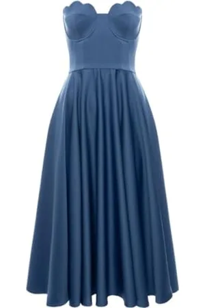 Swing Niebieska rozkloszowana sukienka midi z satyny z gorsetem Flavia | rozmiar 40, , 40