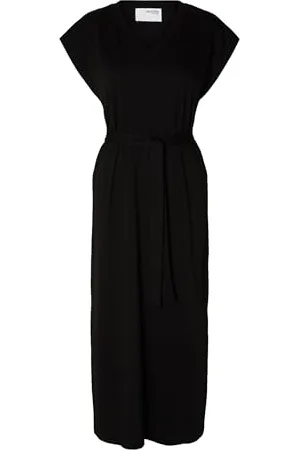 SELECTED Damska sukienka midi dekolt w serek, czarny, S
