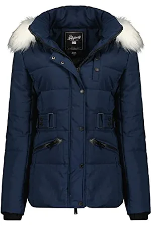 Geographical Norway Chester Lady Parka Długa gruba ciepła damska jesienno-zimowa - cienki płaszcz ze sztucznego futra z kapturem - kurtka wiatrówka - elegancka kurtka damska (granatowa L),