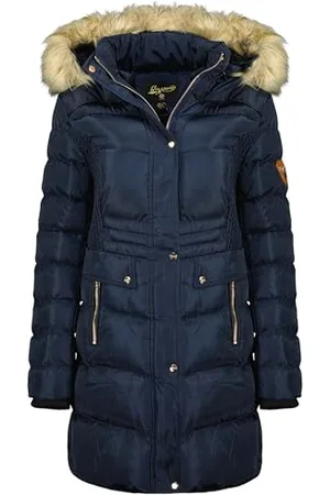 Geographical Norway Badonna Lady Parka Długa gruba ciepła damska jesienno-zimowa - cienki płaszcz ze sztucznego futra z kapturem - kurtka wiatrówka - elegancka kurtka damska (granatowa M),