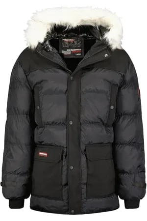 Geographical Norway Dalibor Men Parka, długa, ciepła, jesienno-zimowa, wodoodporna kurtka z kapturem, outdoorowa futrzana kurtka wiatrówka, męska (czarna S), , S