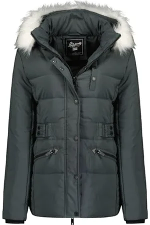 Geographical Norway Chester Lady Parka Długa gruba ciepła damska jesienno-zimowa - cienki płaszcz ze sztucznego futra z kapturem - kurtka wiatrówka - elegancka kurtka damska (ciemnoszara M)