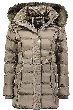 Geographical Norway Ladies Parka Długa gruba ciepła damska jesienno-zimowa - cienki płaszcz ze sztucznego futra z kapturem - kurtka wiatrówka - elegancka kurtka damska (Taupe XL), , XL