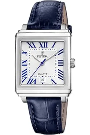Festina Zegarek damski F20682/2 na kwadratowym szarym etui ze stali nierdzewnej niebieski skórzany pasek, , pasek
