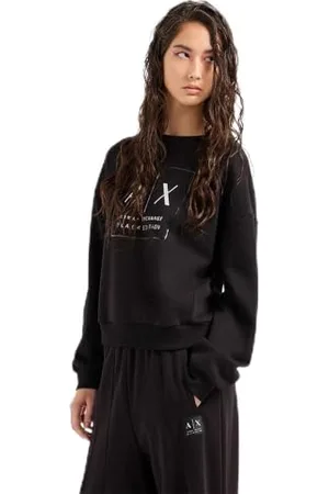 Armani Exchange Damska bluza Sustainable, Black Edition, okrągły dekolt, , S