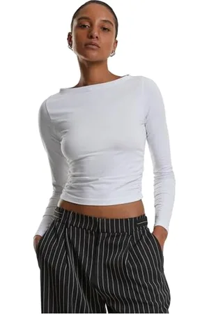 Urban classics Damska koszulka z długim rękawem Ruffled Super Slim Longsleeve, damska koszulka z długim rękawem z falbankami, krój slim fit, rozmiary XS-5XL, , S