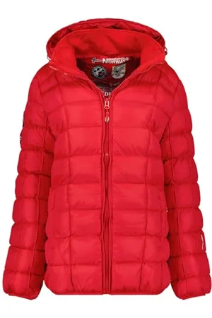 Geographical Norway Babette Lady Damskie długie grube ciepłe spodenki Parka Jesień Zima - Cienki płaszcz ze sztucznego futra z kapturem - Kurtka wiatrówka - Elegancka damska kurtka puchowa (czerwony