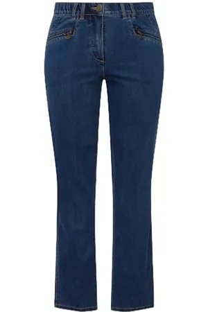 Ulla Popken Damskie duże rozmiary plus size dżinsy Mony, stożkowa nogawka, kieszenie zapinane na zamek błyskawiczny Blue Denim 31 808812902-31, , 56W / 30L