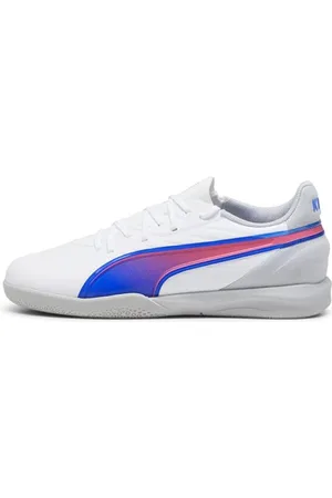 PUMA Unisex King Match It Jr buty piłkarskie dla dzieci, Biały, niebieski, płaski, jasnoszary, 34 EU
