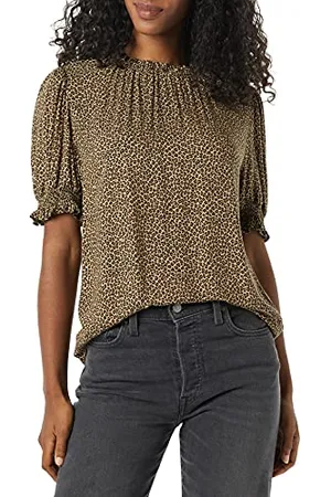 Amazon Damska koszula Fluid Twill z krótkim bufiastym rękawem, wielbłądzi gepard, L