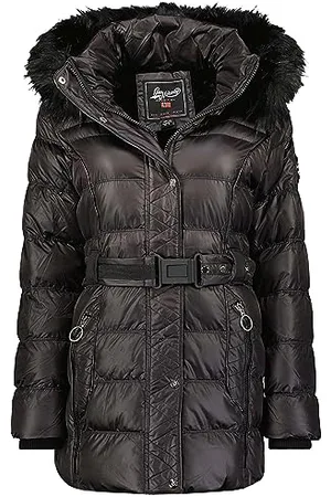 Geographical Norway Damska parka damska długa, gruba ciepła kurtka jesienno-zimowa - cienki płaszcz ze sztucznego futra z kapturem - kurtka wiatrówka - elegancka kurtka damska ( L), , L