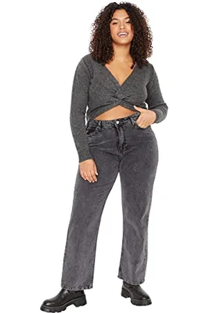 Trendyol Kobiety Plus Size wysoka talia proste nogawki Plus Size dżinsy, szare, 48