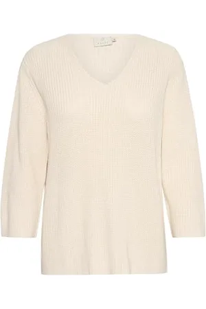Kaffe Damski pulower z dekoltem w szpic Cropped Sleeves Relaxed Fit gruba dzianina o biodrach długość kobiety, , L