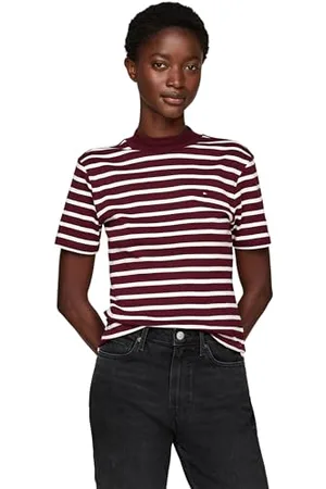 Tommy Hilfiger Damskie Slim Cody Crop Mock-NK WW0WW40586 Inne T-shirty, Breton STP Deep Rouge/Ecru, L, Czerwony (Breton Stp Deep Rouge/Ecru), L