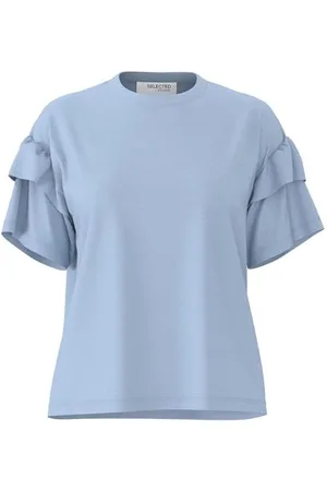 SELECTED T-shirt damski z bawełny organicznej z falbankami, , XS
