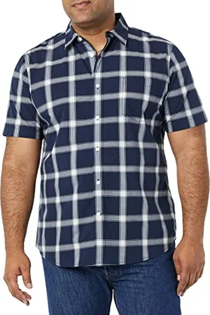 Amazon Męska koszula z krótkim rękawem z popeliny slim fit, granatowa biała krata, M