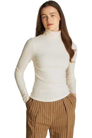 Tommy Hilfiger Damskie Slim 5X2 Rib ROLL-NK LS WW0WW39826 Inne T-shirty, Beżowy, XXL, , XXL