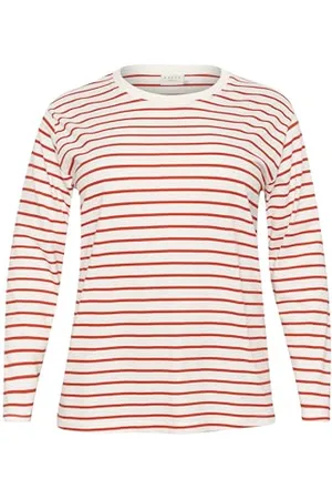 Kaffe Plus Size Damska koszulka z długim rękawem Regular Fit Crew Neck, Antyczny biały/ognisty czerwony, XL-du?e rozmiary