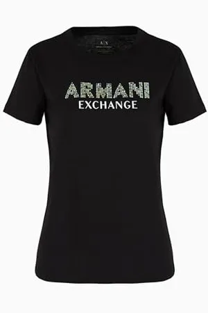 Armani Exchange A|X Damska koszulka bawełniana z logo Rhinestone, , XS