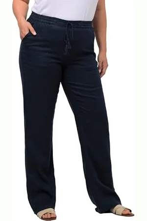 Ulla Popken Damskie duże rozmiary plus size lniane spodnie Mary, elastyczny ściągacz, szerokie, proste nogawki, granatowe 62 728590130-62, , 56W / 32L