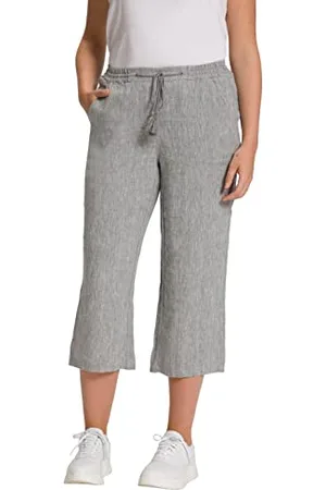 Ulla Popken Damskie duże rozmiary plus size spodnie lniane 7/8, elastyczny ściągacz, naturalnie chłodne 803829, , 32W / 32L