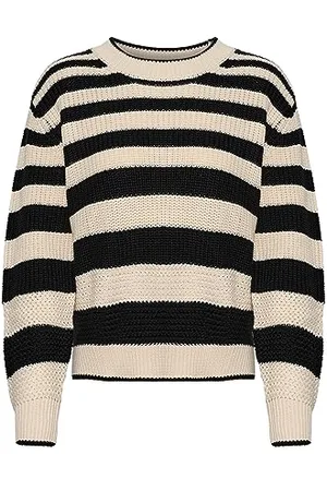 Cream Kremowy damski pulower w paski gruba dzianina Casual Fit Crew Neck Luźne rękawy damskie, , L