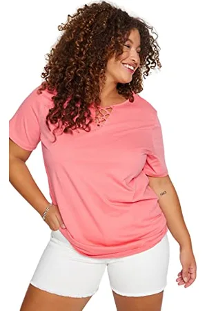 Trendyol Damski Plus Size Regular Standard V Neck Woven Plus Size T-Shirt , , XLus