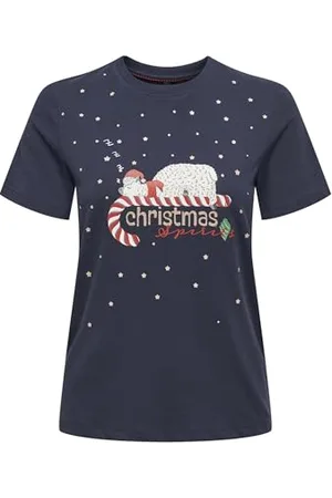 ONLY Onlxmas Life Yrsa Christmas S/S Top Jrs Koszulka, Night Sky/Print:Sleeping Candycane, S dla kobiet, Night Sky/Print:Sleeping Candycane, S
