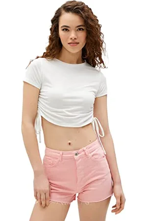 Koton Damska koszulka z krótkim rękawem Crew Neck Shirred Crop, , S