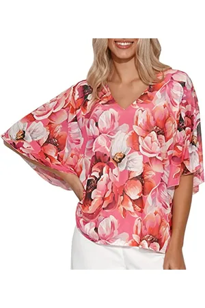Makadamia Zwiewna Bluzka Damska | Rozmiar: 40/42 | Wzór Kwiecisty | Rękawy Kimono | Modne Wzory | Lekki i Przewiewny Materiał | Letni, Elegancki, Luźny Styl | Uniwersalny Krój | Dekolt w Serek