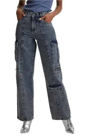 Urban classics Damskie spodnie jeansowe, luźne spodnie dżinsowe, szerokie spodnie jeansowe z kieszeniami cargo, luźny krój, , 29