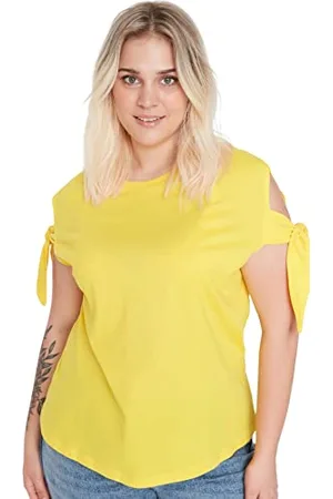 Trendyol Kobiety Plus Size Regular Standard Crew Neck Woven Plus Size T-Shirt Żółty, , 3XL