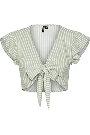 VERO MODA PIECES Vmmymilo Sl Crop Tie Top Wvn Ga damskie, Reseda/Stripes: śnieżnobiałe, XS